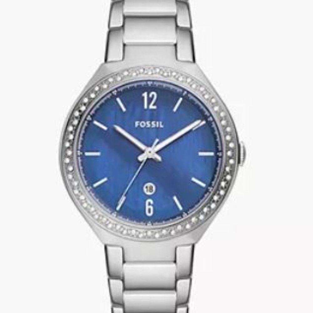 A11-NIB Ashtyn Fossil 3 hand Remix Stainless Steel 36mm Watch Blue Pearl Face